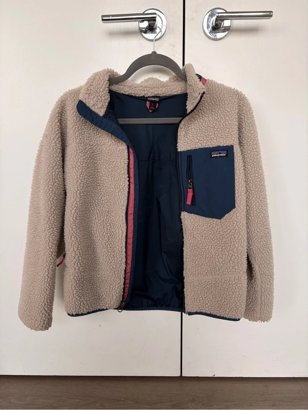 Patagonia Kids Taupe Sherpa Jacket with Navy & Pink Accents